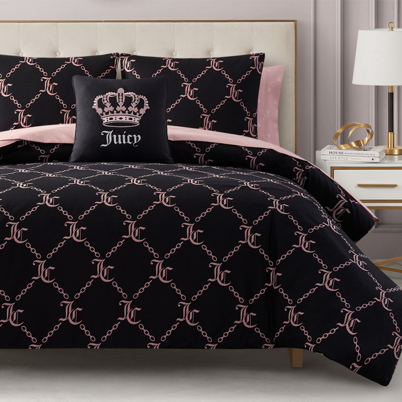 Juicy Couture Link Printed Bed-in-a-Bag Comforter Set, Full Comforter + 7 Additional Pieces, Pink/Black