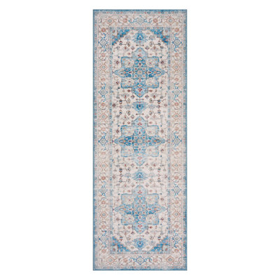HGTV Everyday Chic Machine Washable Indoor Rug, Printed Soft Flannel Polyester with Non-Slip Backing,  Zahra Blue 2x6