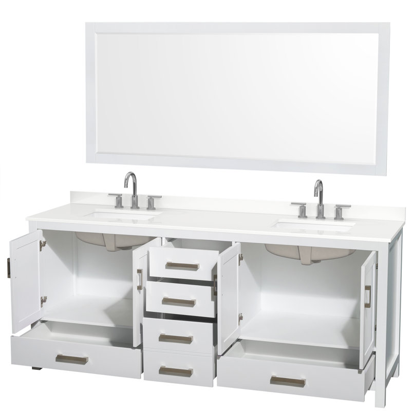 Sheffield 80" Freestanding Double Bathroom Vanity with Quartz Top with 70" Mirror, White, White Quartz