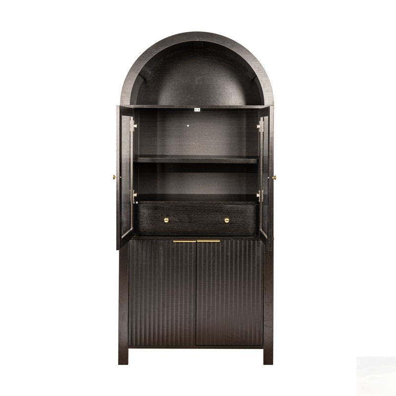 Grand garde-manger arqué cannelé avec tablettes réglables, rangement élégant avec tiroir caché et porte vitrée pour la cuisine, le salon, la salle à manger