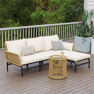 3-Piece Rattan Patio Sectional Conversation Furniture with L-shaped Sofa & Table