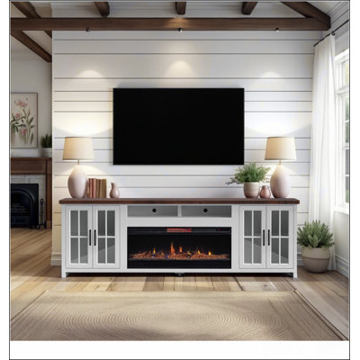 97 inch Fireplace TV Stand Console for TVs up to 100 inches, Minimal Assembly, Jasmine wash and Barnwood Finish