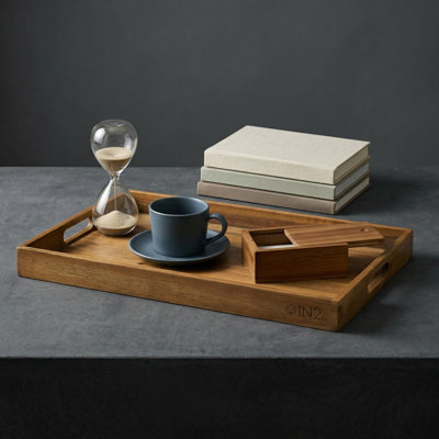 Acacia Wood Serving Tray with Handles – Rectangular Teak-Look Wooden Tray for Breakfast & Entertaining