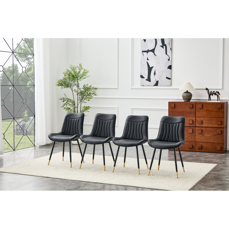 Ensemble de 4 chaises de salle à manger rembourrées en tissu noir Tech avec pieds en métal noir semi-lustré, pieds réglables antidérapants à garniture dorée, dossier haut à coutures verticales (noir, ensemble de 4)