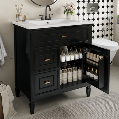 30" Bathroom Vanity With Sink – Solid Wood & MDF Cabinet, Flip Drawer + 2 Drawers, Adjustable Shelf