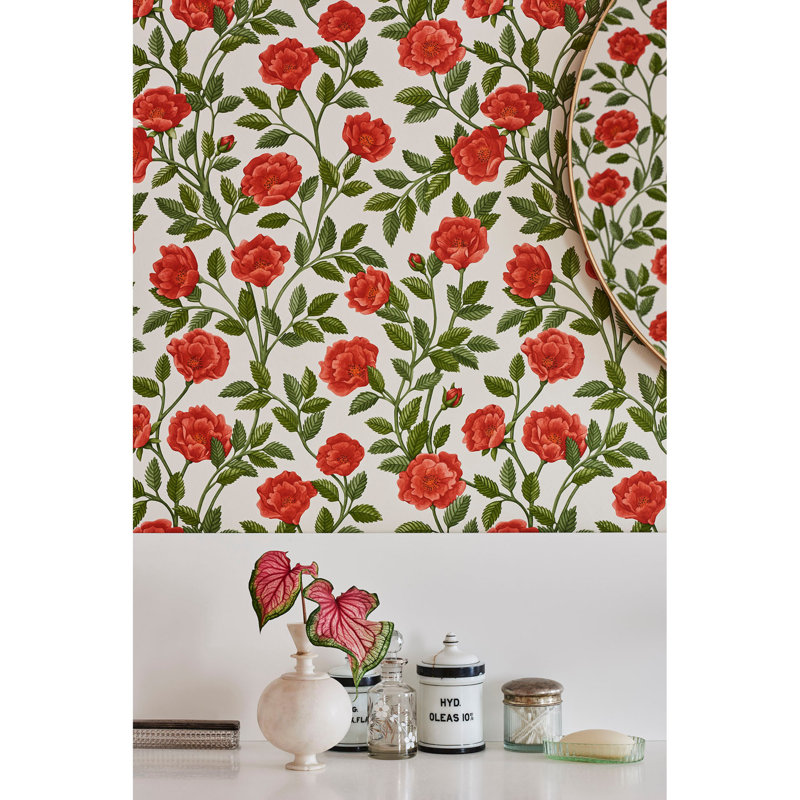 Hampton Floral Wallpaper Roll, Cream/Forest Green/Charcoal