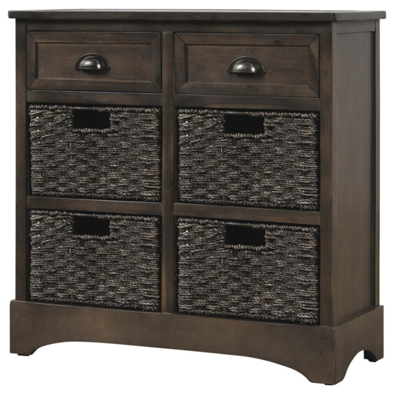 Armoire de rangement rustique avec deux tiroirs et quatre paniers en rotin classique, Gris brun