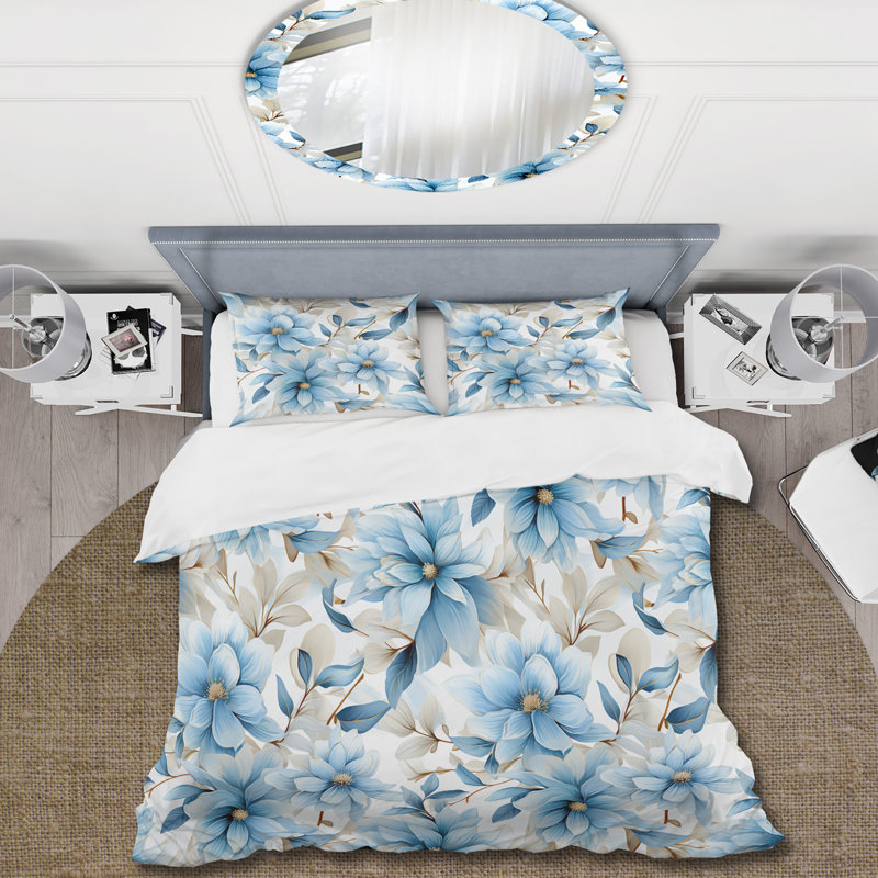 Blue Coastal Harmony Floral Pattern VI Box Stitch Floral Duvet Cover, King Duvet Cover + 2 King Shams