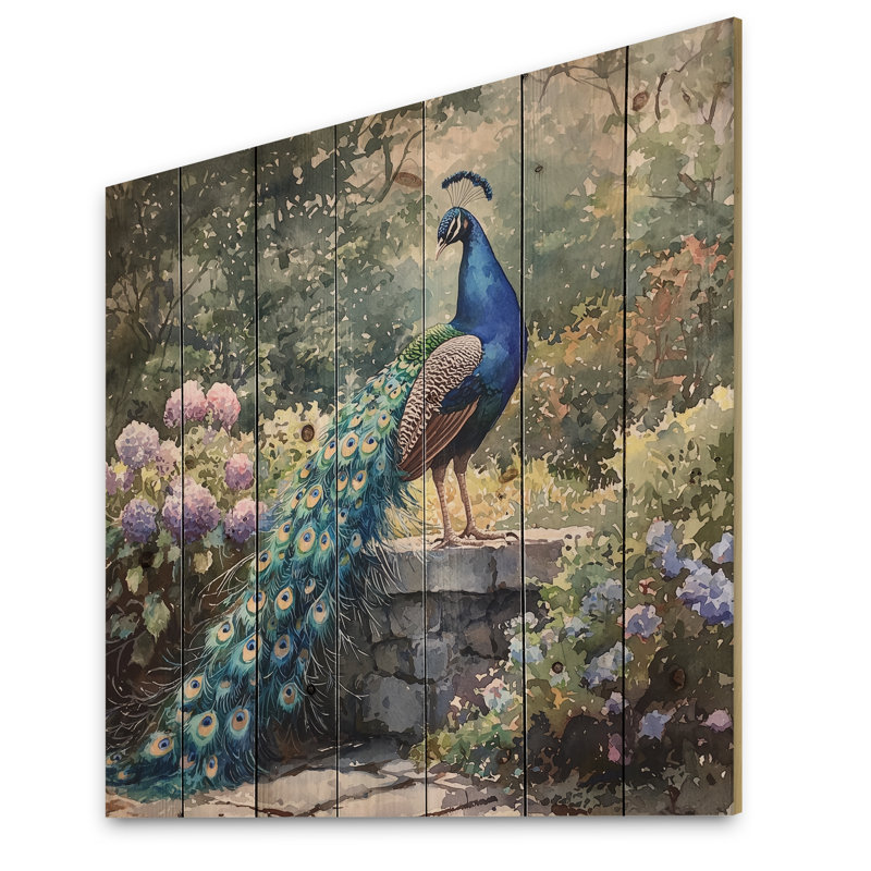 Paon en pleine exposition I - Art mural en bois oiseau - sur bois de pin naturel, H 36 po x l 36 po x P 0,78 po