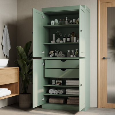 Armoire pour salle de bain autoportante 100% bois massif avec portes, 2 tiroirs et tablettes réglables l 32 po x H 71,5 po - Rangement modulaire