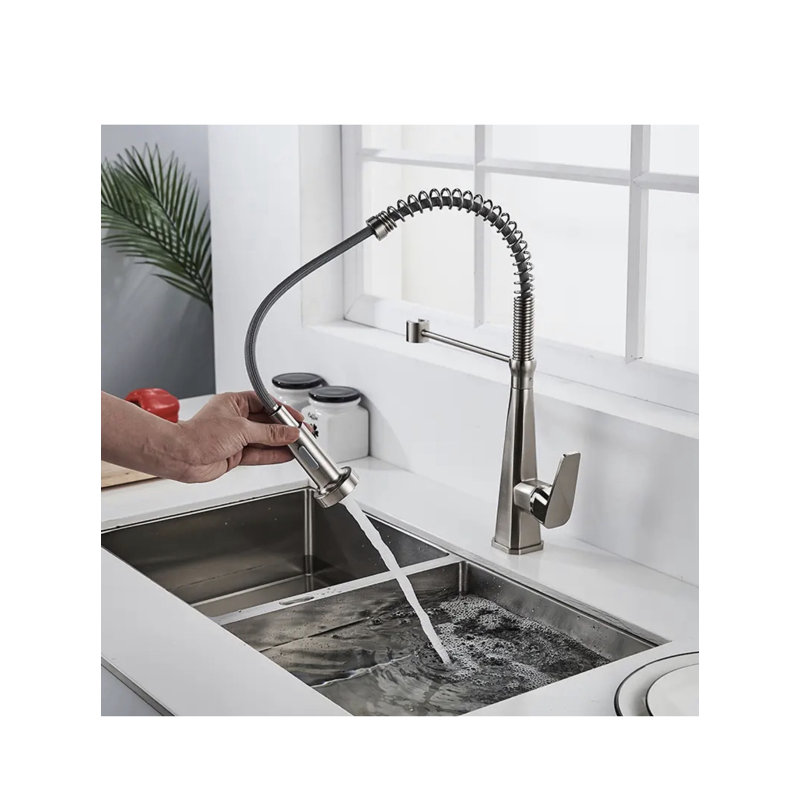 Robinet de cuisine à poignée simple avec douchette latérale Aquae Brant, Nickel brossé