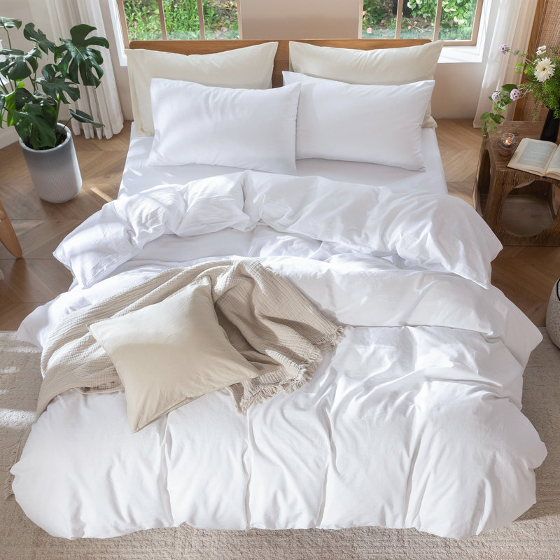 100% Washed Cotton Linen Like Textured Duvet Cover Set, Bright White, Queen Duvet Cover + 2 Standard Pillowcases