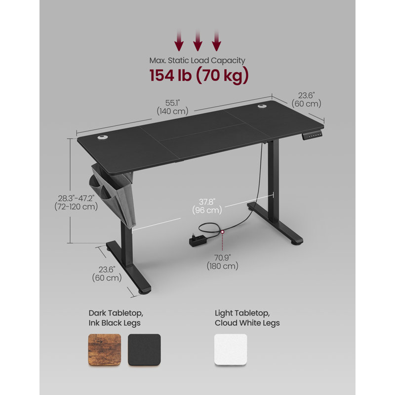 Adjustable Metal Base Standing Desk, 120cm H x 140cm W x 60cm D, Black