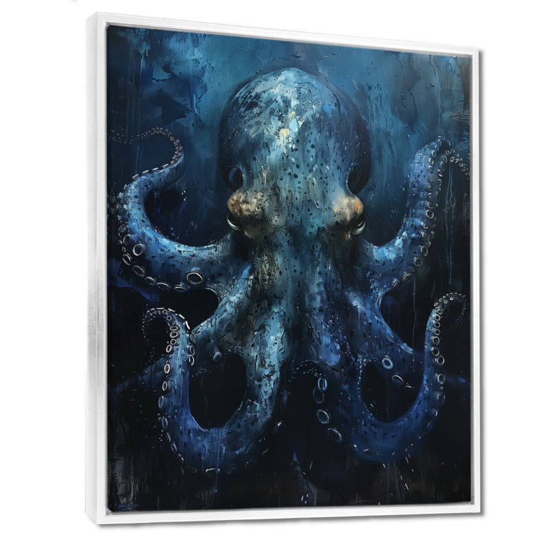 Bleu pieuvre géante créature - créatures marines, art mural salon, Cadre flottant blanc, H 34 po x l 44 po