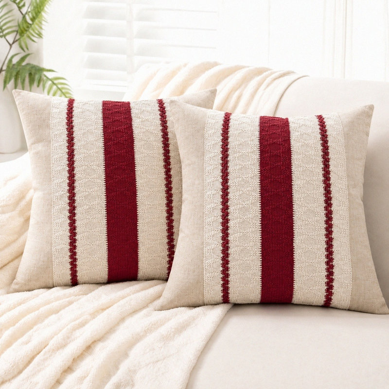 Housses de coussin décoratives à rayures bohèmes 18 x 18 pouces, Rayures bourgogne