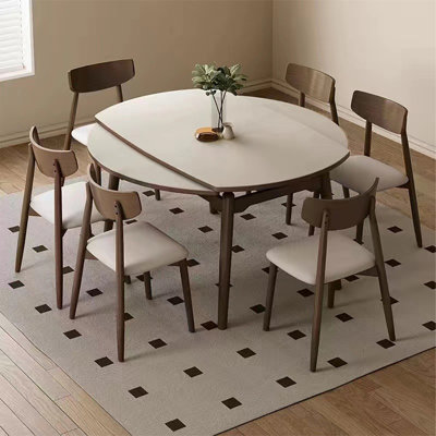 6 - Person White + Nut-brown Rectangular Sintered Stone + Solid Wood Dining Table Set