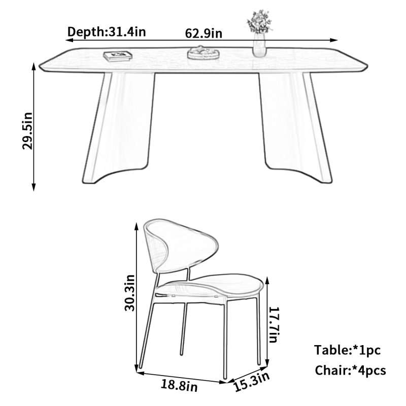 Ensemble de chaises de salle à manger Modern, H 29,5 po x L 62,9 po x l 31,4 po