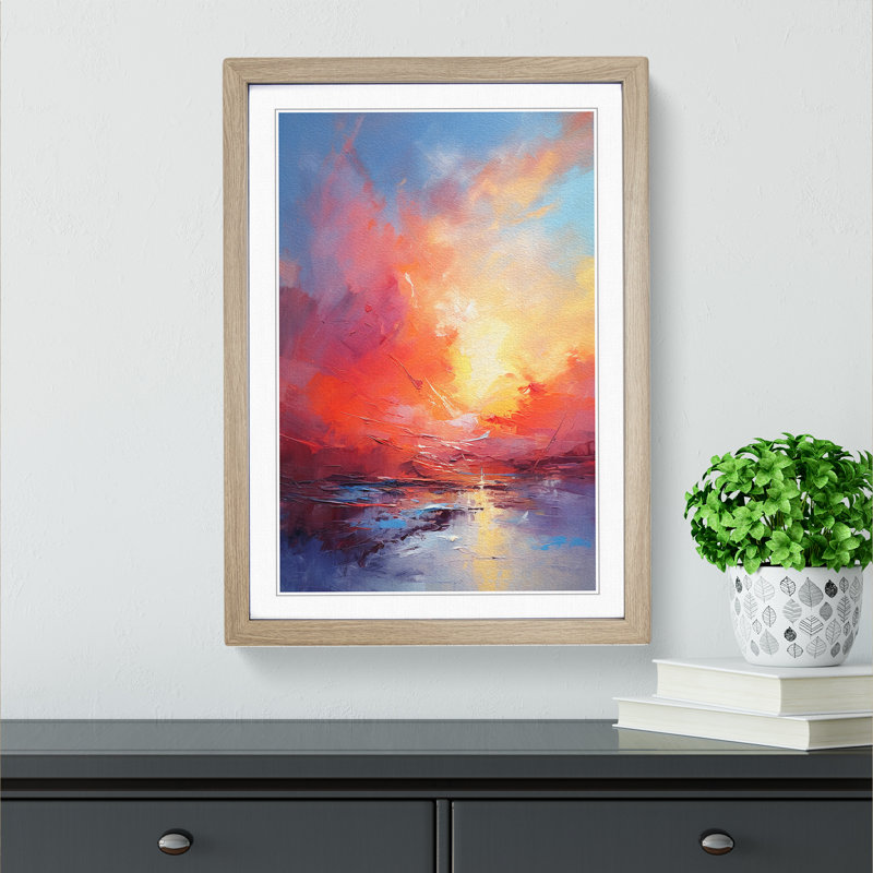 Sunset Gestural No.2 - Single Picture Frame Print on Wood, 34cm H x 25cm W x 2cm D, Oak