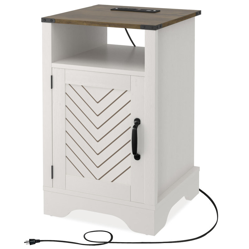 Table de bout - blanc et chêne, ports de chargement, grand espace de rangement en chêne rustique avec charge, portes sécurisées et