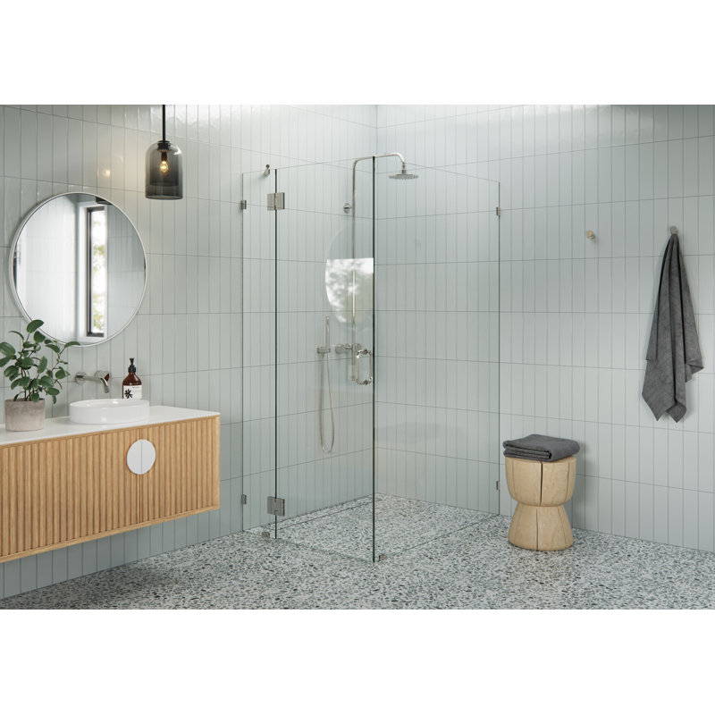 Halo 35 in. x 47 in. x 78 in. 90-degree Fully Frameless Glass Hinged Shower Enclosure, Polished Nickel