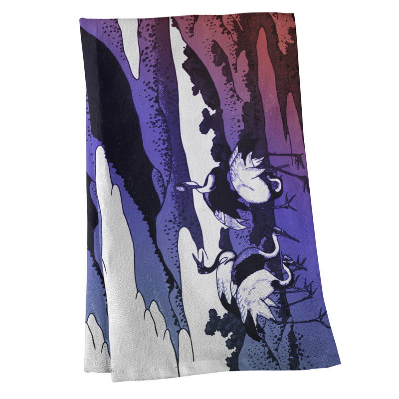 Serviette de thé japonaise grues, Mauve / Brun, Sergé de coton