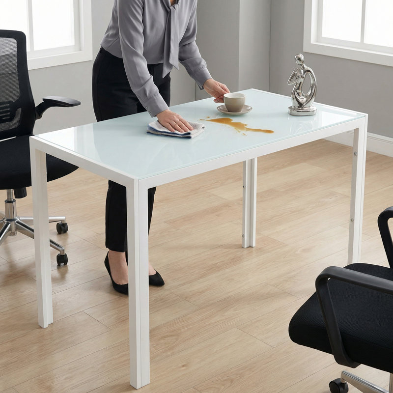 51.18" Modern White Glass Writing Desk With Metal Frame Sleek Contemporary Office Desk For Home Office