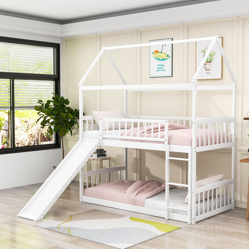 Twin Over Twin Bunk Bed with Slide and Roof,Ladder