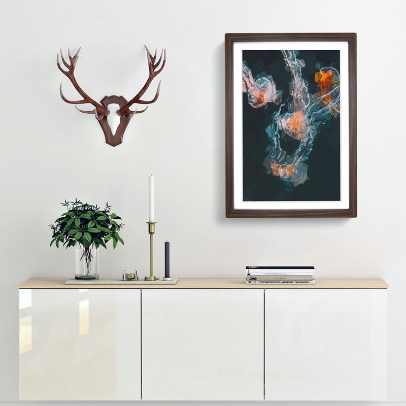 Peach Jellyfish in Abstract - Framed Print, 65cm H x 48cm W x 2cm D, Walnut Framed