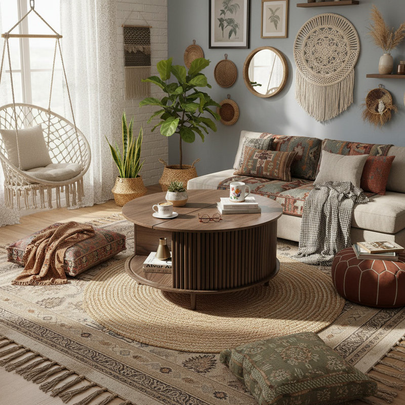 Round Coffee Table with Storage, Dark Brown