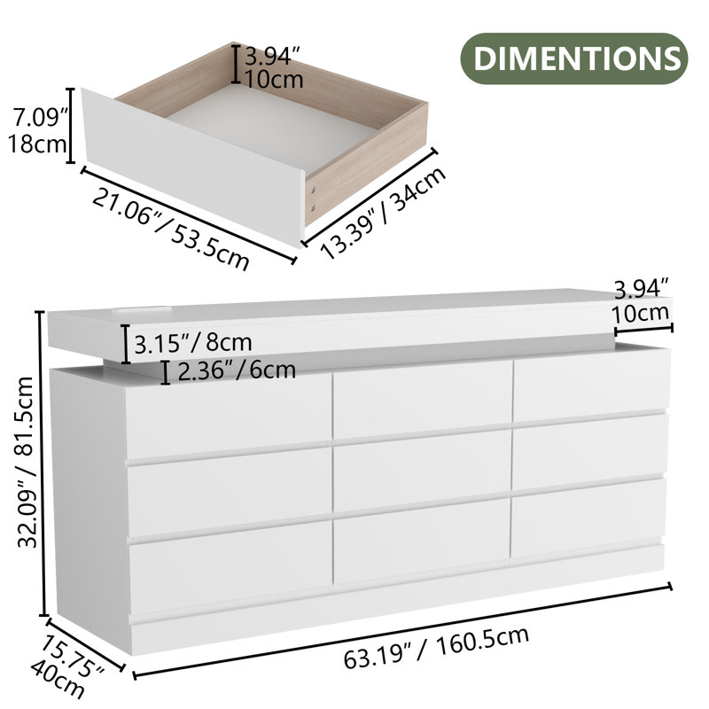 White Modern 9-Drawer Dresser with LED Lights
