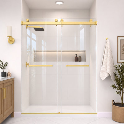 Catalyst 44"- 49" W x 76" H Double Sliding Frameless Shower Door in Brushed Gold with 3/8" Clear Glass