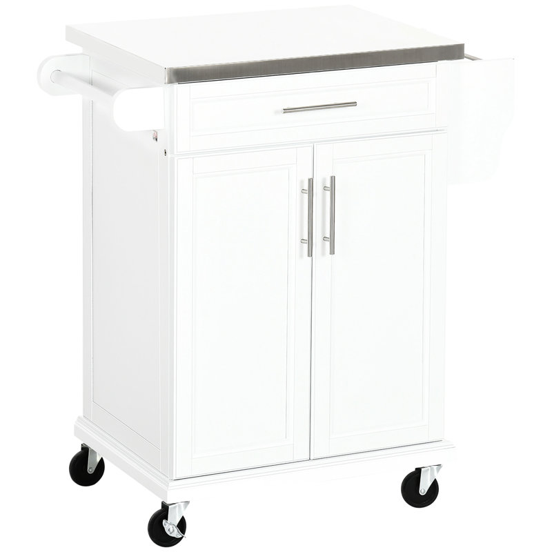 Kitchen Island Workstation With Stainless Steel Surface, Drawer, Towel Rack, Spice Rack And Storage, White Portable Cabinet
