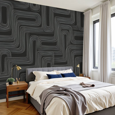 Papier peint pelez et collez lignes de labyrinthes entrecroisées noires et blanches, courbes rectilignes, répétition, grilles, papier peint amovible en PVC, H 100 po x l 144 po, pour chambre à coucher, bureau à domicile, bureau à domicile