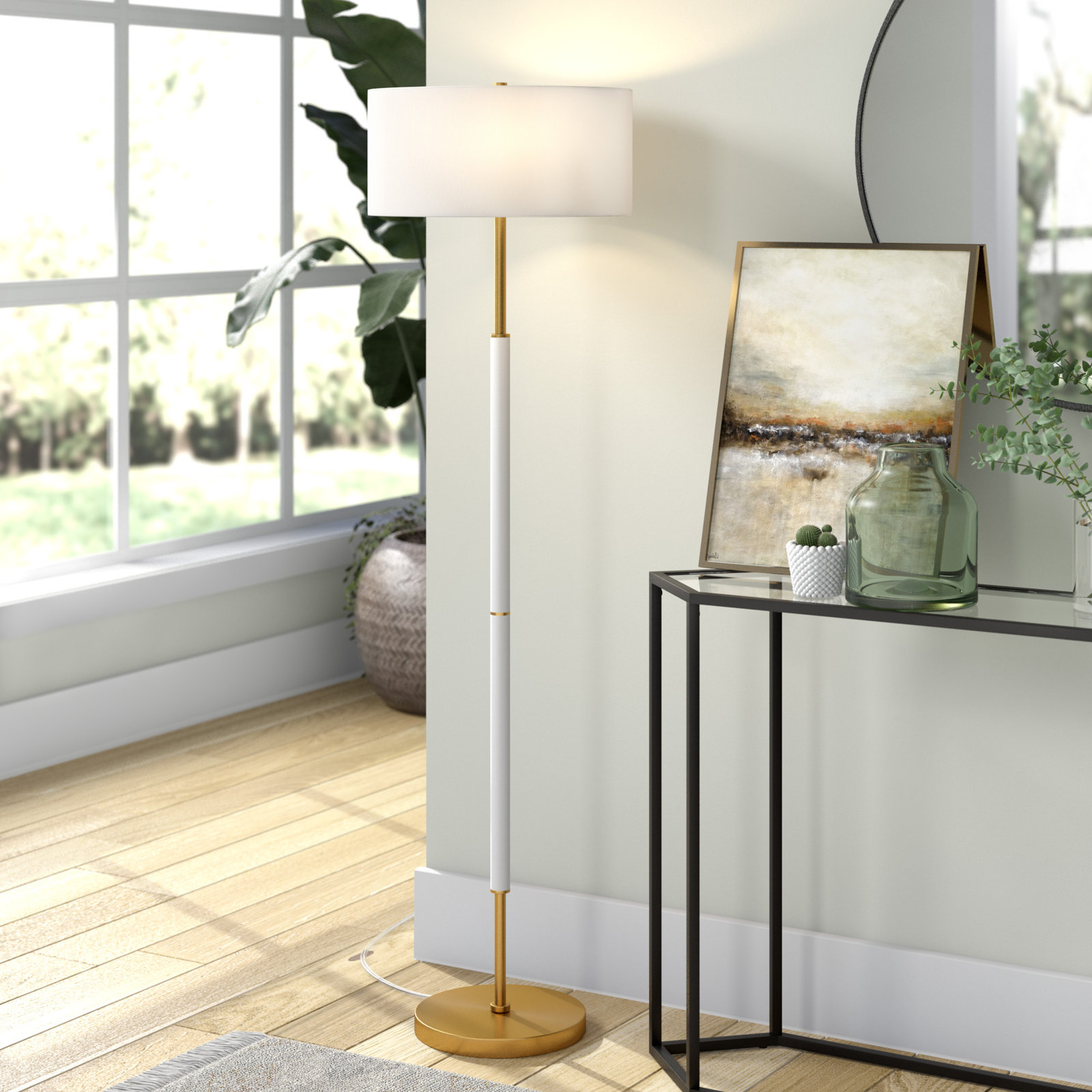 Olie 61" Floor Lamp, Matte White/Brass