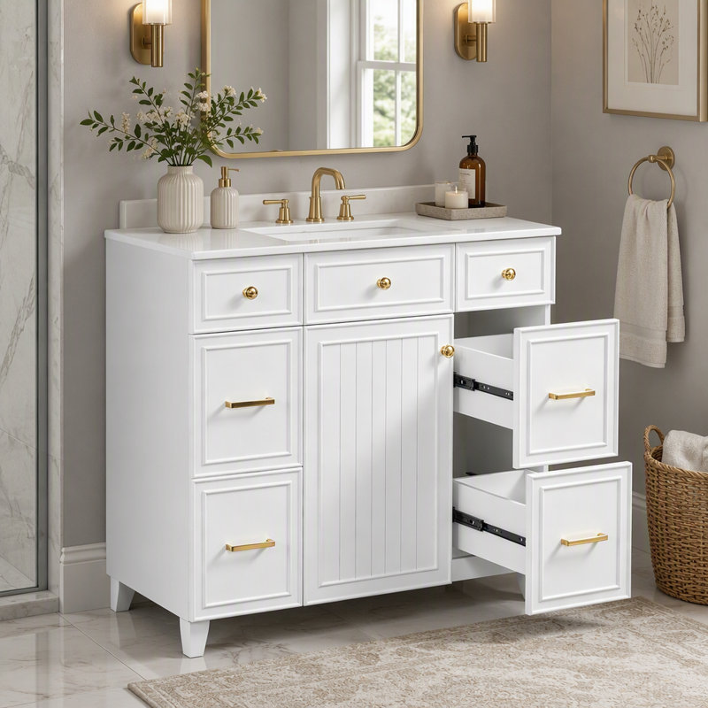 Meuble-lavabo 36 po avec lavabo en céramique, cadre en bois massif blanc, portes à fermeture douce, tablettes réglables, 3 tiroirs, y compris un tiroir à double profondeur pour le rangement du sèche-cheveux