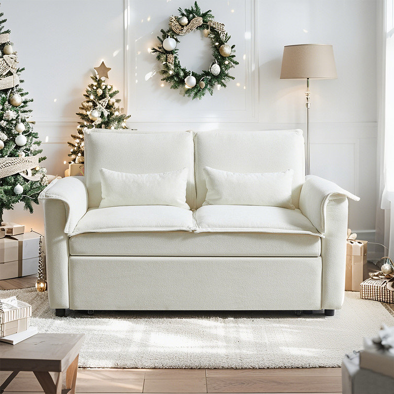 Convertible Loveseat Sleeper Sofa in Modern Fabric - 2 Seater with Adjustable Backrest, Pull - Out Bed & 2 Lumbar Pillows for Tiny Living Rooms