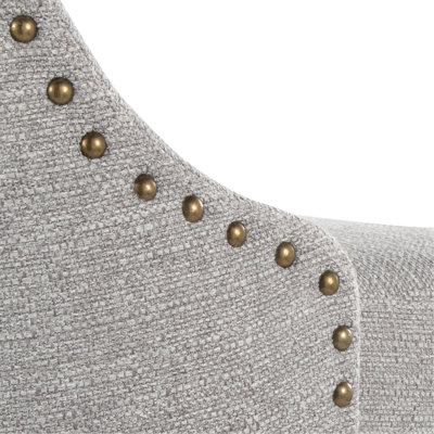Adjustable Barstool in Pearl Grey Metal and Light Grey Fabric with Brass Nailhead Trim and Rounded T Footrest - Set of 2
