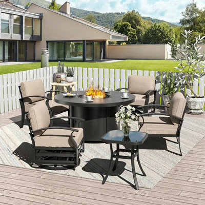 Outdoor Patio Aluminum 5-Piece Conversation Set Swivel&Glider Armchair With Round LP Fire Pit Table