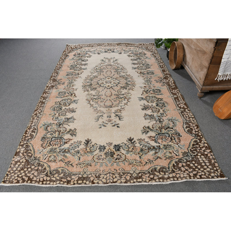 Tapis turc rétro Oushak aux tons doux, idéal pour les salles à manger et les salons brun / beige