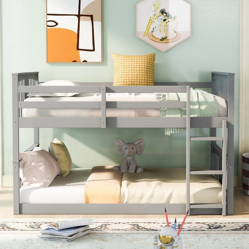 Full Over Full Bunk Bed with Ladder, Grey (No Box Spring Needed, Durable Pine Frame)