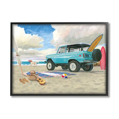 Été, plage de sable, croiseur, planche de bord, chien XXL encadré noir, estampe numérique de James Wiens