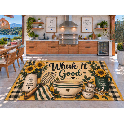 Tapis d'extérieur 152 x 213 cm (5 pi x 7 pi) avec bol mélangeur « Whip It Good », tasses à mesurer tournesol, en PVC épais et imperméable, à boucles, séchage rapide, idéal pour la cuisine, le porche, la terrasse et l'entrée.