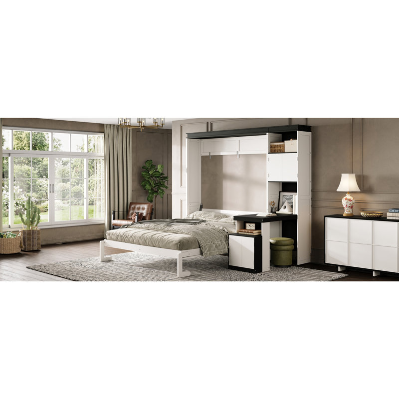Lit escamotable blanc double avec bureau intégré, étagères et armoires de rangement, meuble de chambre multifonctionnel gain de place