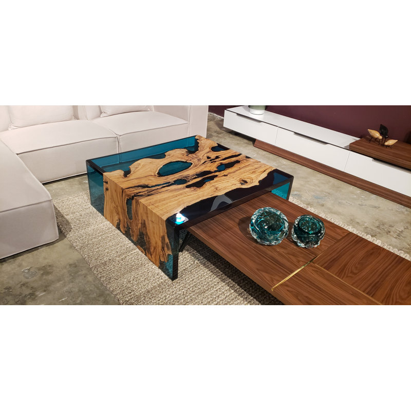 Coffee Table, 13.7'' H x 39.4" L x 39.4" W, Blue/Natural Wood
