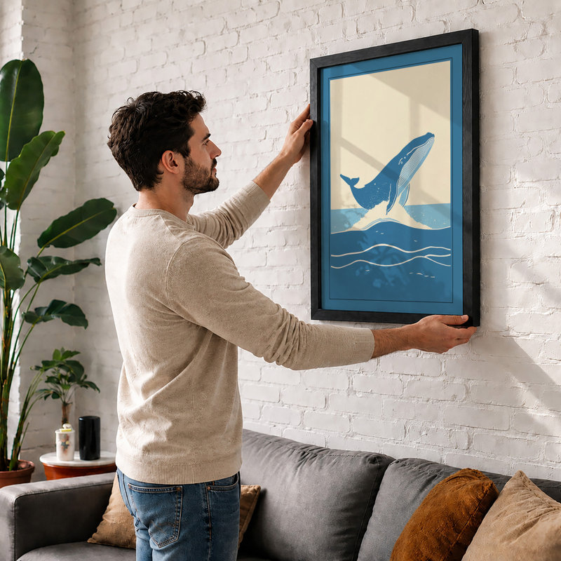 Breaching Whale Coastal - Framed Print, A2 - 59.4 x 42.0 cm, Oak