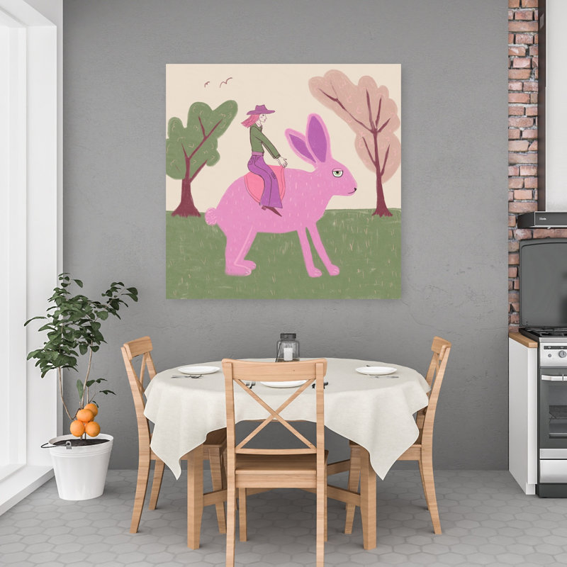 Rabbit Cowgirl Western Pink Whimsical Contemporary Cow Rabbit Forest Wall Art Print by Sharyn Bursic - Wrapped Canvas Print