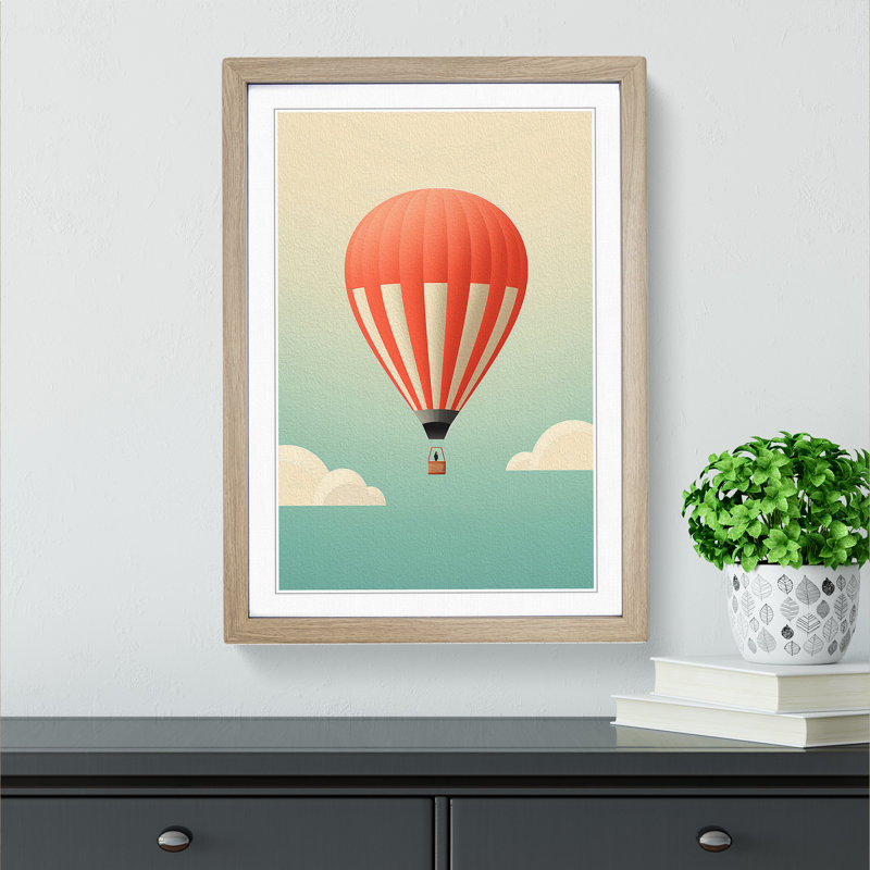 Hot Air Balloon Minimalism No.2 - Single Picture Frame Print on Wood, 34cm H x 25cm W x 2cm D, Oak Framed