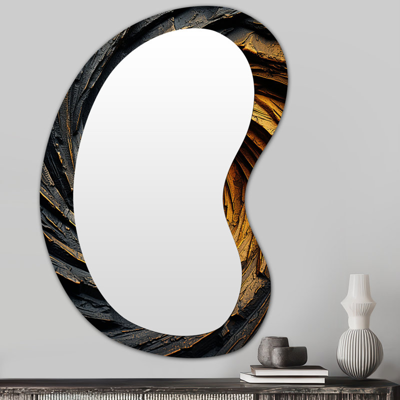 Spirale abstraite jaune et noire «Essinger» - miroir mural asymétrique à spirales abstraites, miroir décoratif de forme unique moderne, impression sur métal