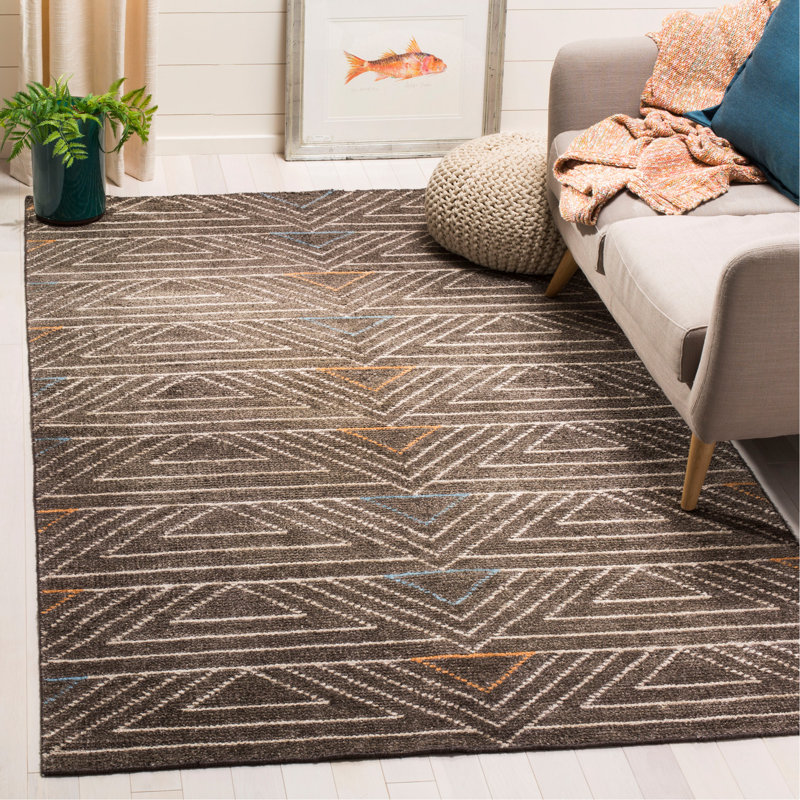 Tapis géométrique en soie noué à la main brun foncé, Rectangle de 5 pi x 8 pi