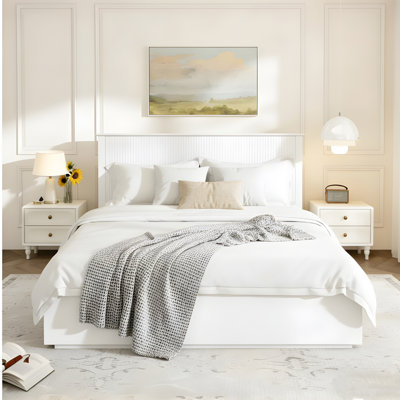 Stylish Queen Size Bed Frame - White Solid Wood King Bed, 600Lbs Weight Limit, Compatible With 8 - 10" Mattress, Contemporary Bedroom Furniture